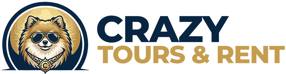 Logo with dog wearing sunglasses next to 'Crazy Tours & Rent' text.