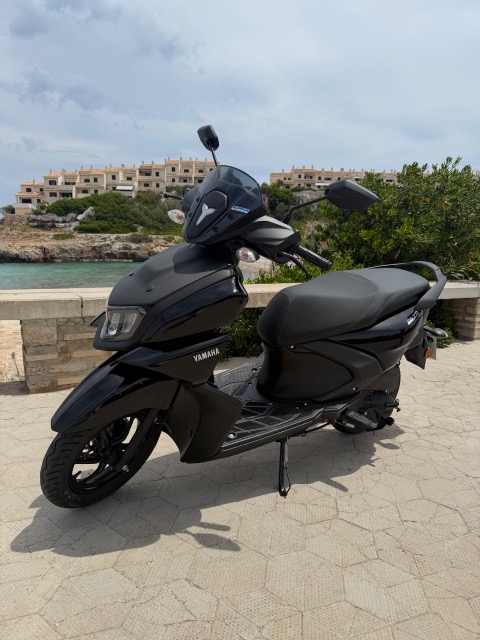 Black scooter parked by a coastal view with houses in the background.